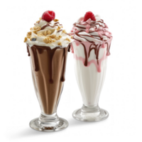 two milkshakes with whipped cream and chocolate on transparent background png