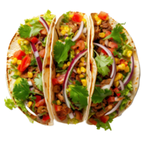 three tacos with vegetables and meat on aon transparent background white background png