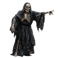 a skeleton in a black robe with a scythe png