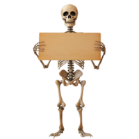 skeleton holding a wooden sign on a transparent background png