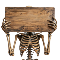 a skeleton holding a wooden sign isolate on transparency background png