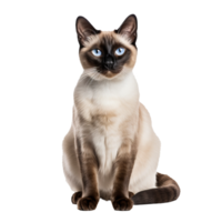 Siamese cat with sleek fur and striking blue eyes, displaying its full body posture, gracefully positioned against a transparent background. png