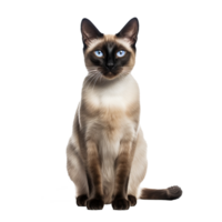 A Siamese cat with sleek fur and piercing blue eyes stands in full view against a transparent background, showcasing its elegant body and distinctive color points. png