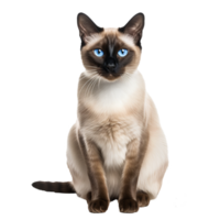 Siamese cat in full-body view, poised and graceful, with a sleek coat, vivid blue eyes, and striking color points, isolated against a transparent background. png