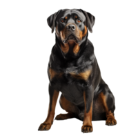 Rottweiler standing in profile, showcasing its muscular full body, with a sleek black and tan coat. The image has a transparent background. png