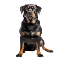 Rottweiler dog displayed in full body stance, with a clear, transparent background highlighting its muscular frame and distinct markings. png
