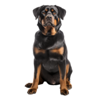 Rottweiler dog stands in full view, well-muscled and alert, displayed against a transparent background, showcasing its strength and poise. png