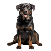 A Rottweiler dog stands in full view, its muscular frame and glossy black and tan coat displayed clearly against a transparent background. png