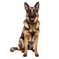 A full-bodied German Shepherd dog stands alert with perked ears, captured in a clear image on a transparent background, showcasing its muscular build and focused gaze. png