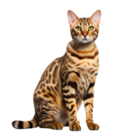 Full-bodied Bengal cat with rosette-marked fur, poised elegantly, on a transparent background for a seamless integration. png