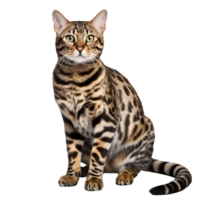 A full-bodied Bengal cat stands poised on a transparent background, its distinctive coat patterns and muscular frame highlighted. png