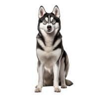 Siberian Husky, full-bodied and poised, rendered on a transparent backdrop showcasing its striking features and dense fur. png