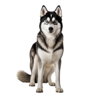 Full-body Siberian Husky dog visible on a transparent backdrop, showcasing its distinct coat and striking features. png