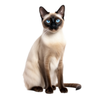 A Siamese cat, with its sleek cream coat and dark extremities, stands alert in full body view, set against a transparent background for versatility. png