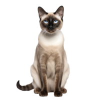 A Siamese cat with a sleek coat and striking blue eyes is depicted in full body against a transparent background, showcasing its elegant features. png