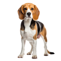 A beagle dog stands in full profile with its tri-colored coat, floppy ears, and wagging tail, all on a transparent background for easy overlay. png