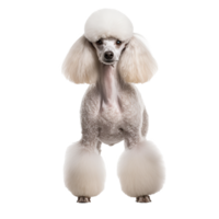 A Poodle dog displayed in full body, neatly groomed, stands on a transparent background showcasing its elegant posture and fluffy fur. png