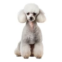 Poodle dog stands in full view with lush curly fur, showcasing its distinctive groomed coat on a transparent background for versatile use. png
