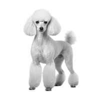 Poodle dog in full stature, with its curly coat on display, stands prominently against a clear, transparent backdrop. png
