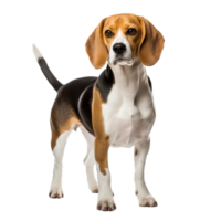 Beagle dog in full stance, ears perked, tail up, displaying its tri-color coat, isolated on a clear transparent background. png