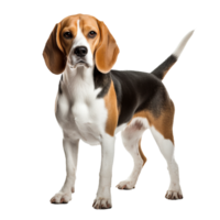 A Beagle dog depicted in full body view against a transparent backdrop, showcasing its tri-colored coat and distinctive hound features. png