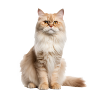 Full-bodied Persian cat with a luxuriant fluffy coat and piercing eyes, elegantly posed, isolated on a clean transparent background. png