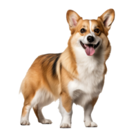 Pembroke Welsh Corgi, full-body view, stands alert with perky ears and a bushy tail, displayed on a clear, transparent background. png