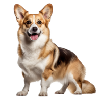 Pembroke Welsh Corgi, full-bodied and alert, stands poised on a transparent backdrop, showcasing its characteristic fox-like features and sturdy stature. png