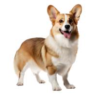 Pembroke Welsh Corgi, full-bodied and alert, stands on a transparent backdrop, showcasing its short stature and foxy features. png