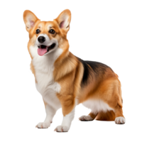 An adorable full-body image of a Pembroke Welsh Corgi dog standing alert on a transparent background, showcasing its compact frame and fox-like features. png
