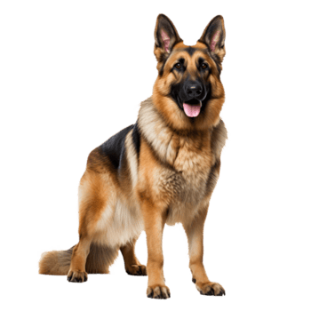 Full-body image of a German Shepherd dog standing attentively with a sharp gaze, rendered on a transparent background for versatile use. png