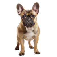 A French bulldog stands in full view, its distinctive bat-like ears and compact body prominent against a clear, transparent background. png