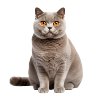 British Shorthair cat, full-bodied and plush-coated, sits alert with round eyes, on a transparent background for easy editing and use. png