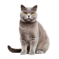 British Shorthair cat, with a dense coat, sits on a transparent background, displaying a full body side profile. png