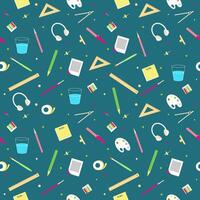 Stationary, science or back to school seamless pattern with triangle ruler, paper, clip, stickers, compass for drawing, headphone, pencil, tape, paint, to do list and pins. vector