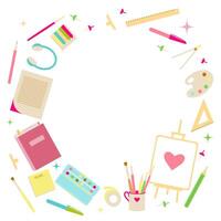Art, stationary, science or back to school banner frame with triangle ruler, paper, clip, stickers, compass for drawing, headphone, pencil, canvas, tape, paint, to do list and pins. vector