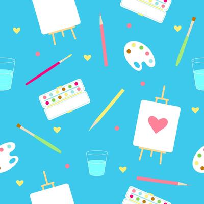 Painting, art school or stationary seamless pattern with paint, canvas, easel, brush, pencil, water cup and heart