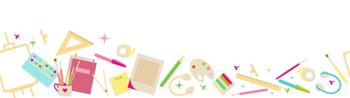 Stationary, science or back to school long background or baner with triangle ruler, paper, clip, stickers, compass for drawing, headphone, pencil, canvas, tape, paint, to do list and pins. vector