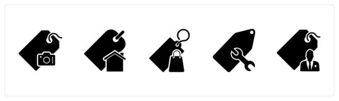 A set of 5 Business icons as camera tag, home tag, shopping tag vector