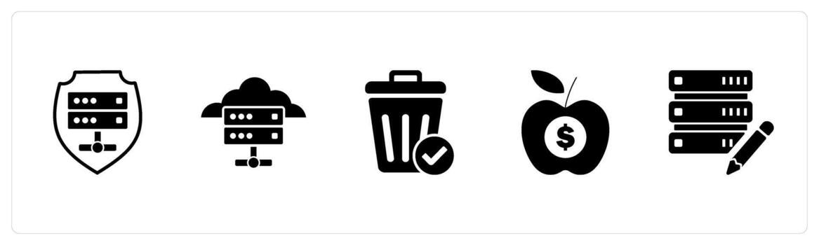 A set of 5 business icons as server security, cloud server, trash bin vector