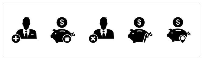 A set of 5 business icons as add user, bank savings, wrong user vector