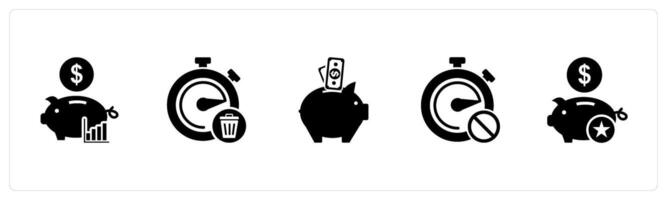 A set of 5 business icons as revenue banking, waste of time, piggy bank vector