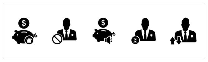 A set of 5 business icons as bank savings, user prohibited, bank speaker vector