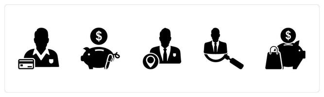 A set of 5 business icons as card owner, piggy bank, business location vector