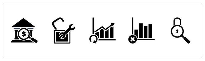 A set of 5 business icons as search bank, settings, update graph vector