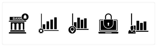 A set of 5 business icons as bank notification, graph settings, graph location vector