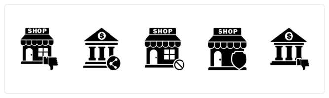A set of 5 business icons as dislike store, bank share, prohibited shopping vector