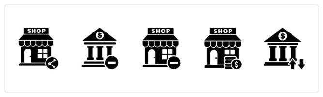 A set of 5 business icons as share store, remove bank, remove store vector