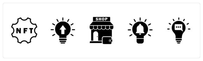A set of 5 business icons as nft, innovation, shopping store, idea notification vector
