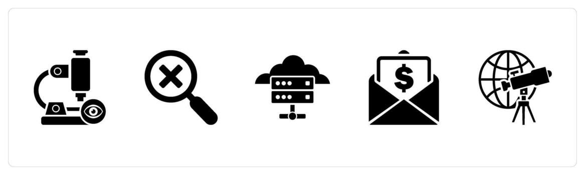 A set of 5 business icons as view microscope, wrong search, cloud server vector